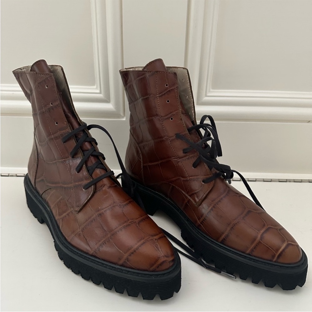 Freda Salvador Brown and Black Emi Lug Sole Embossed Leather Combat Boot